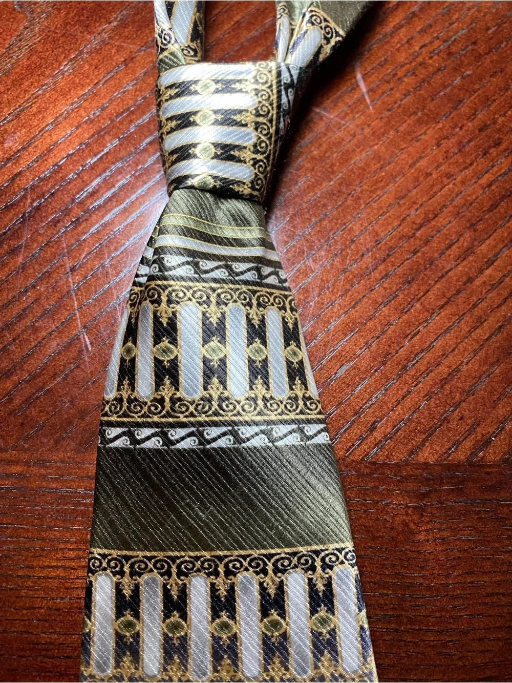Giorgio Bissoni Classic Olive Green, Gold and Gray Patterned Men's Neck Tie